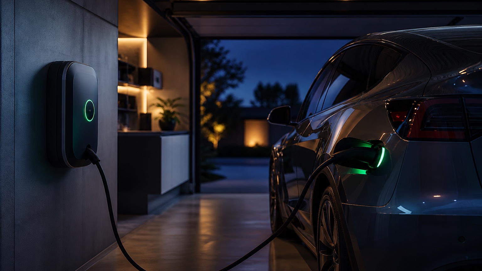 AC wallbox charger mounted on a residential wall with a car charging in the driveway