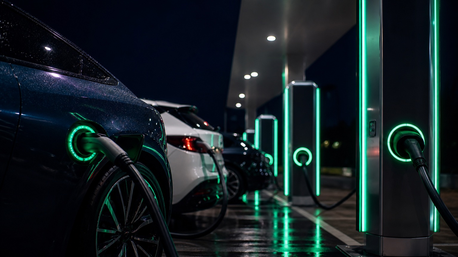 Commercial DC fast-charging station at night with several electric vehicles charging