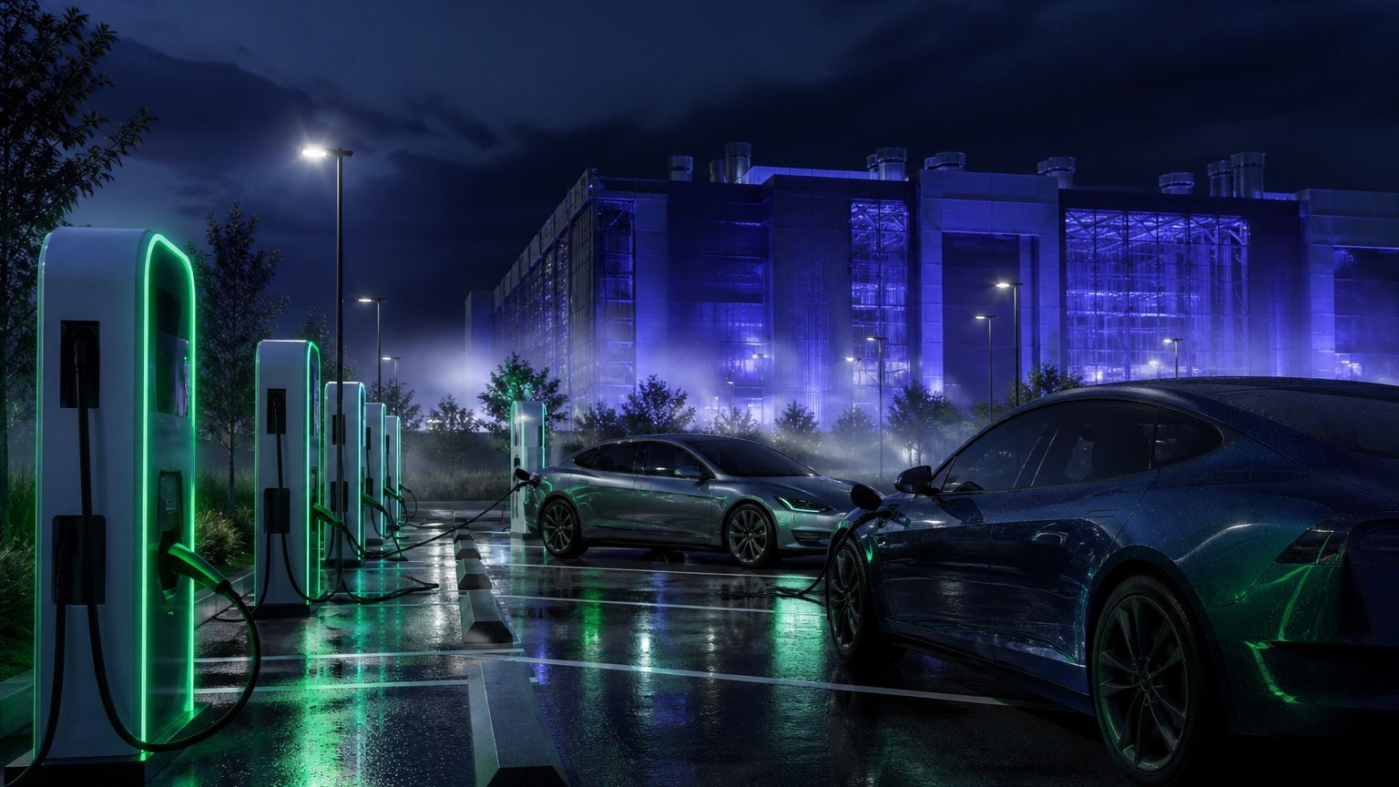 EV charging plaza at dusk with electric-green charger lights and a glowing data center in the background
